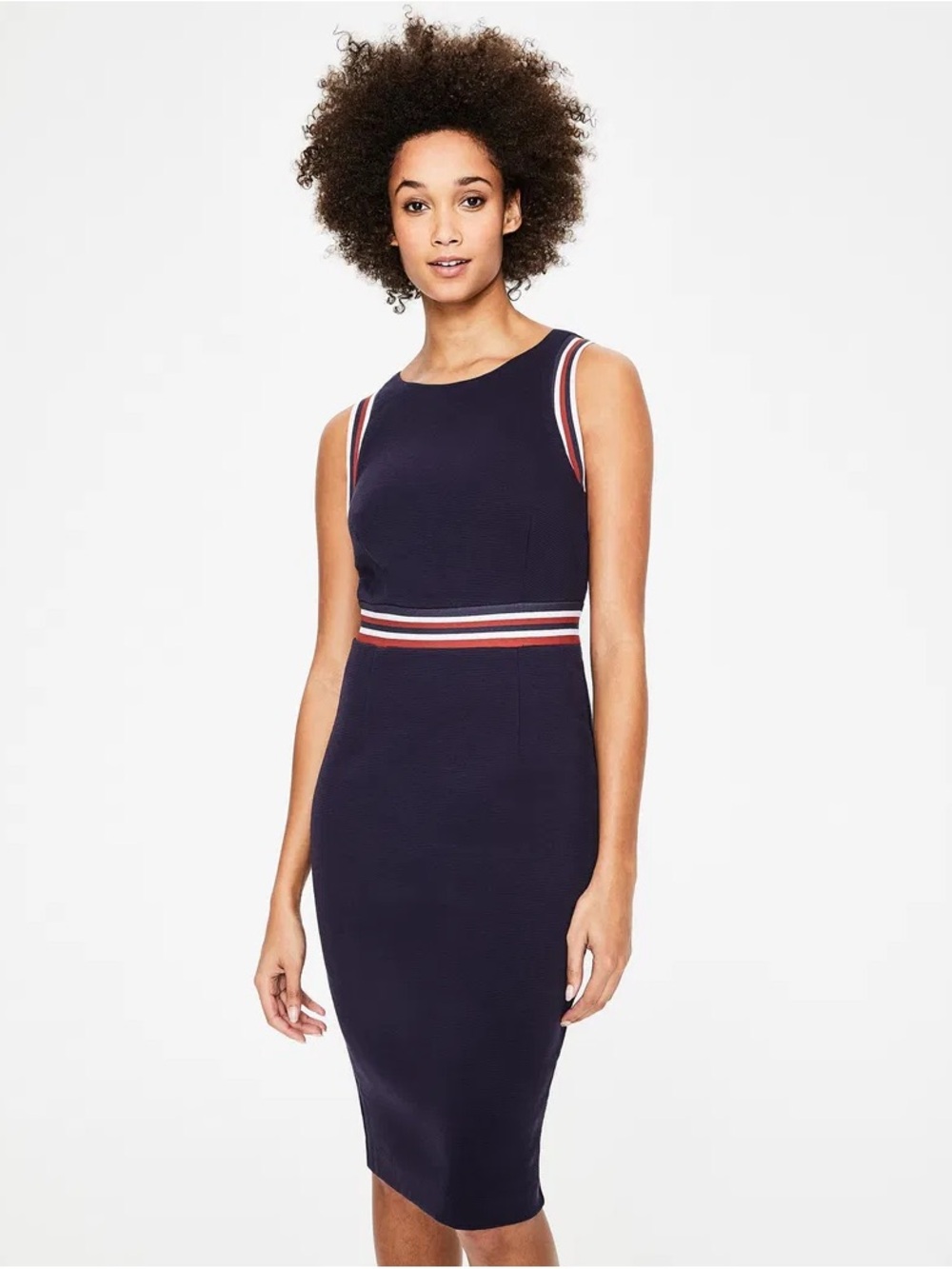 Boden Zada Ottoman Sheath Dress in Navy with Red and White Striped Trim